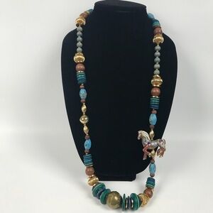 Big Vtg Chinese Cloisonné Horse Opera Necklace